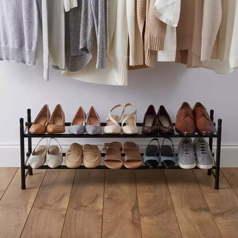 2-Tier Expandable Stackable Shoe Rack Organizer – Black Iron, Holds 12 Pairs