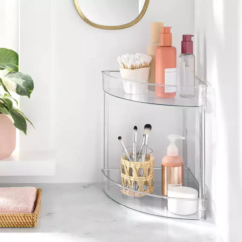 Étagère d'Angle Transparente à 2 Niveaux pour Salle de Bain et Coiffeuse