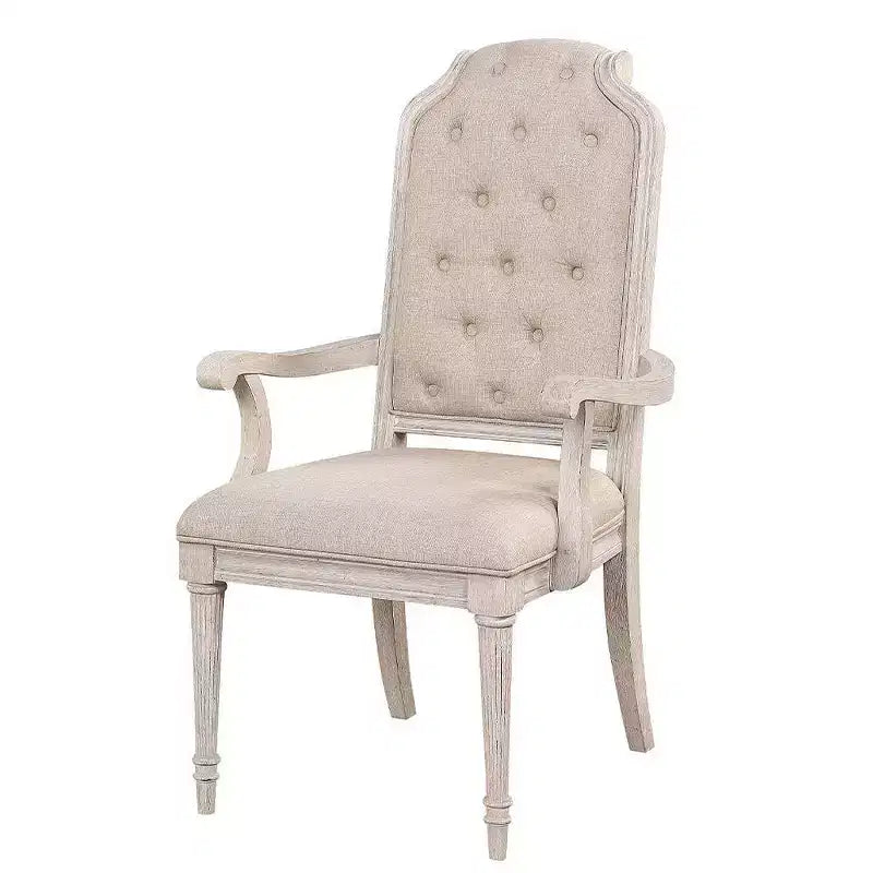 Chaise de salle à manger à dossier haut avec accoudoirs et revêtement capitonné – Blanc cassé vintage