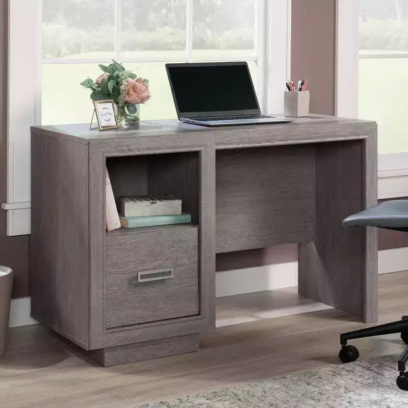 Bureau à domicile avec tiroir classeur et étagère ouverte – Finition Chêne Cendré