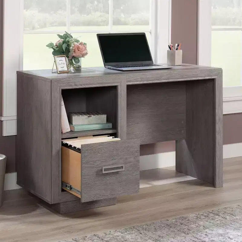 Bureau à domicile avec tiroir classeur et étagère ouverte – Finition Chêne Cendré