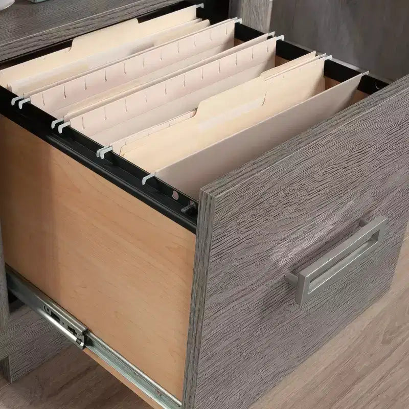 Bureau à domicile avec tiroir classeur et étagère ouverte – Finition Chêne Cendré
