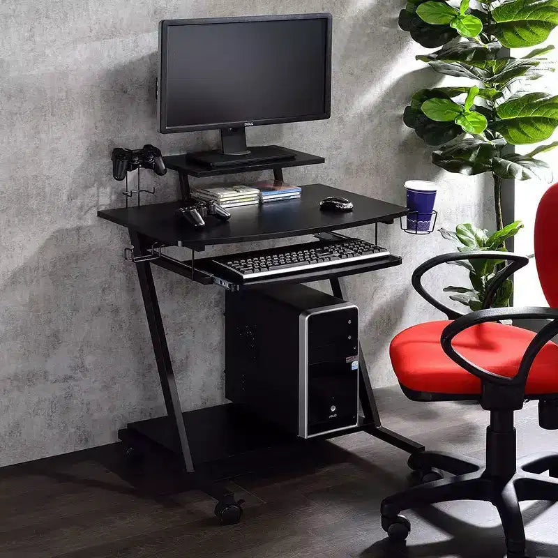 Bureau de jeu avec support d'écran, tablette de clavier et rangement – Noir