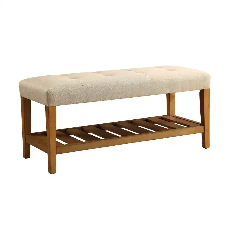 Banc rembourré capitonné avec garniture cloutée et pieds en chêne – Beige