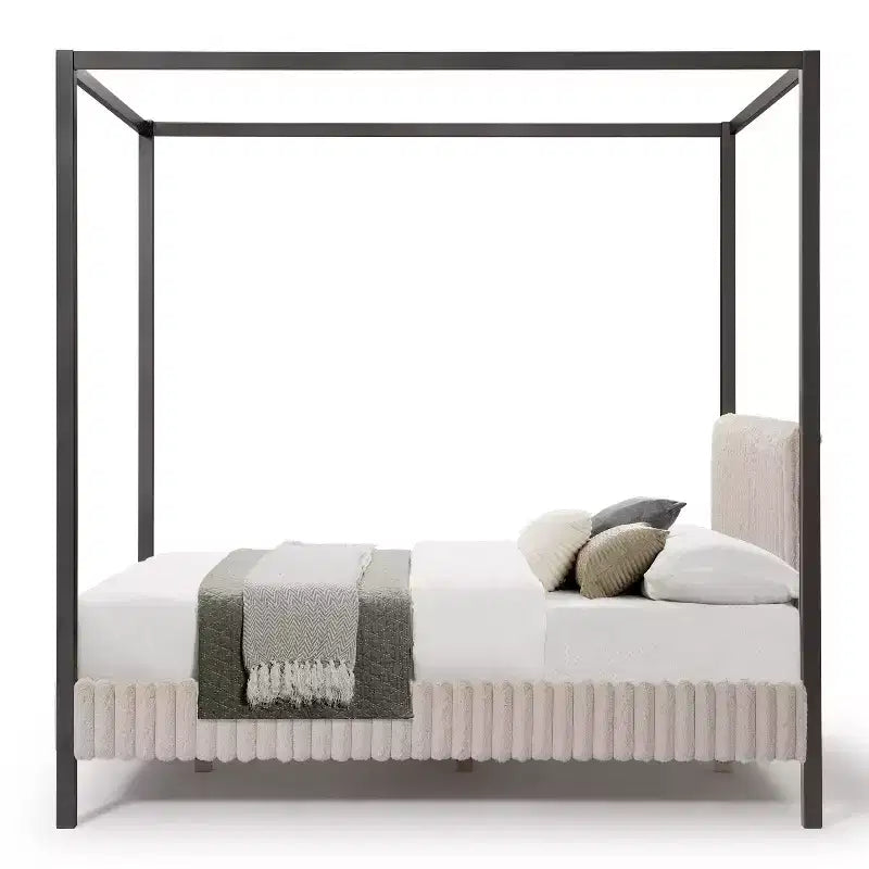 Lit plateforme Queen à baldaquin avec tête de lit capitonnée en velours côtelé – Marron clair