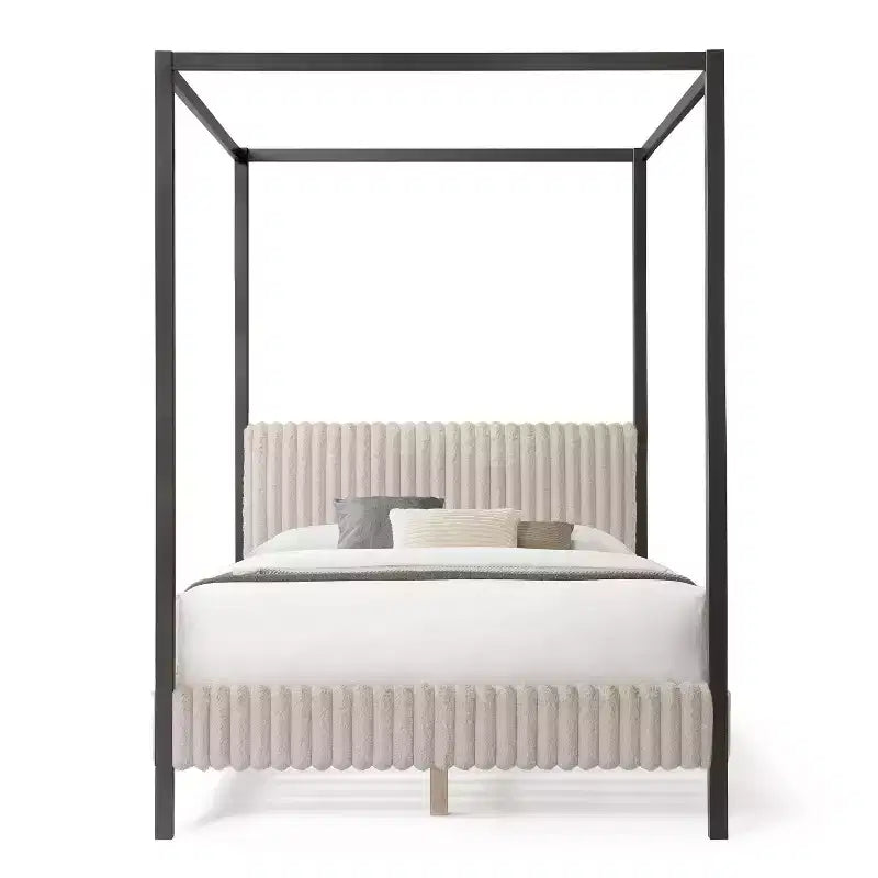 Lit plateforme Queen à baldaquin avec tête de lit capitonnée en velours côtelé – Marron clair