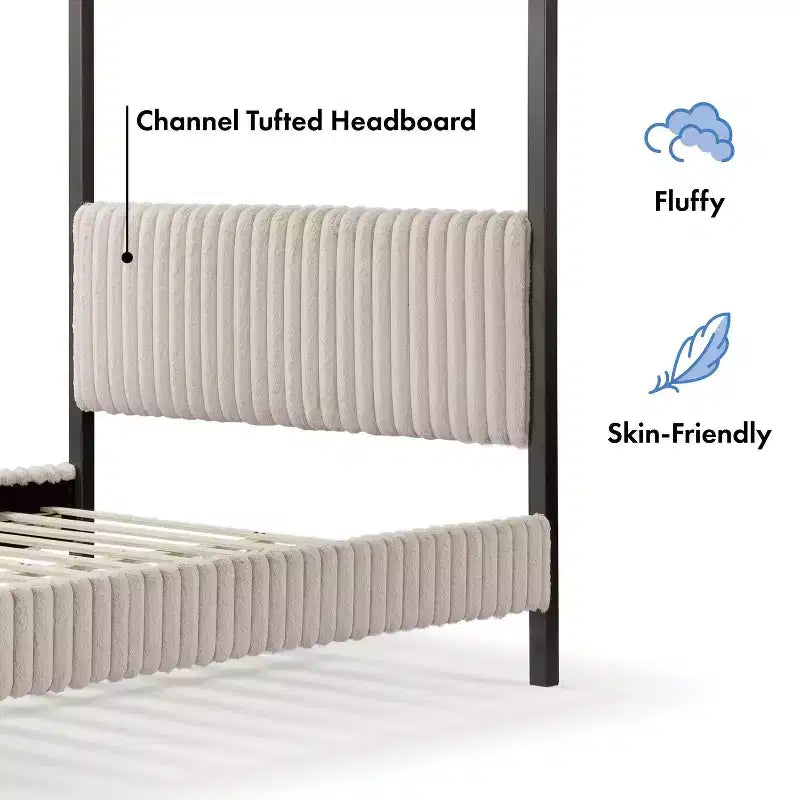 Lit plateforme Queen à baldaquin avec tête de lit capitonnée en velours côtelé – Marron clair