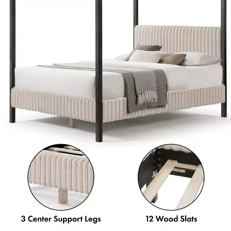 Lit plateforme Queen à baldaquin avec tête de lit capitonnée en velours côtelé – Marron clair