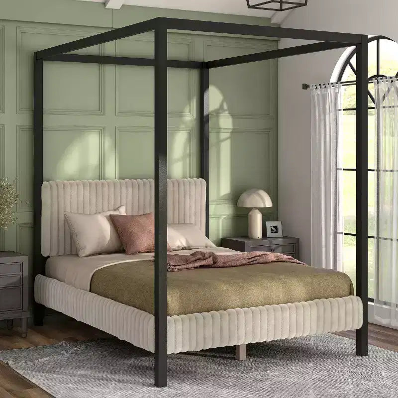 Lit plateforme Queen à baldaquin avec tête de lit capitonnée en velours côtelé – Marron clair