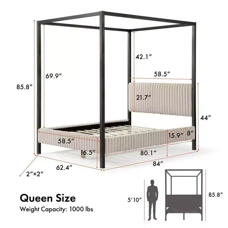 Lit plateforme Queen à baldaquin avec tête de lit capitonnée en velours côtelé – Marron clair