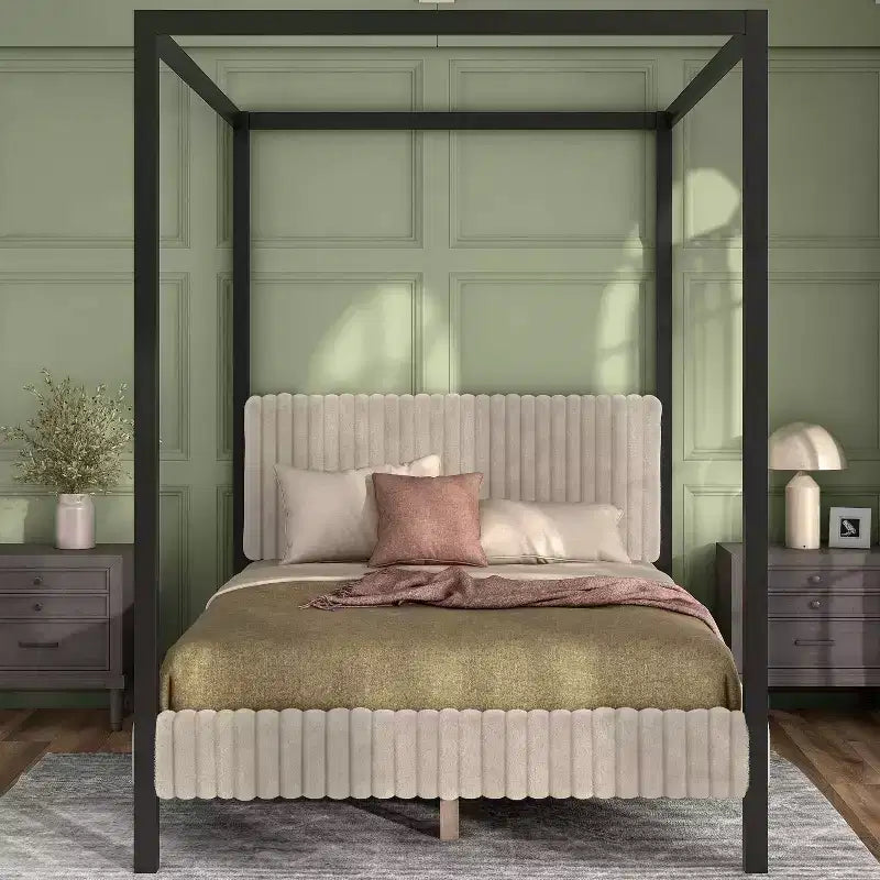 Queen Canopy Platform Bed with Corduroy Upholstered Headboard – Light Brown