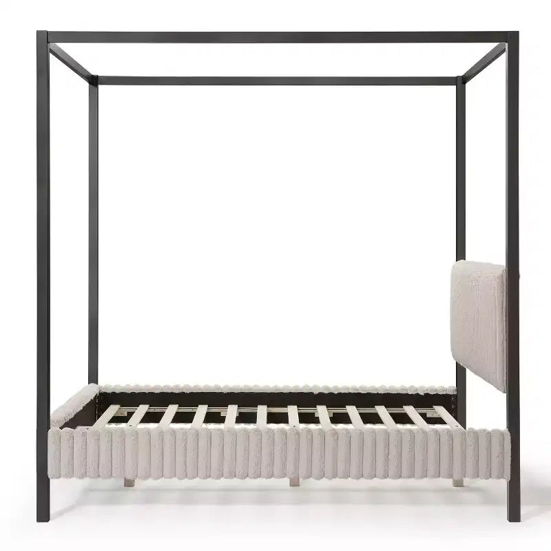 Lit plateforme Queen à baldaquin avec tête de lit capitonnée en velours côtelé – Marron clair