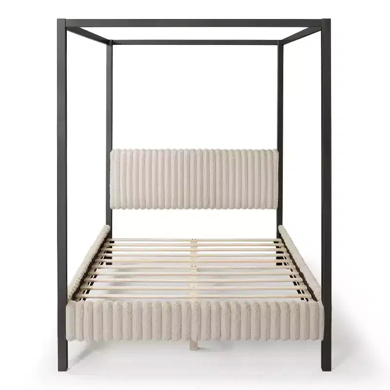 Lit plateforme Queen à baldaquin avec tête de lit capitonnée en velours côtelé – Marron clair