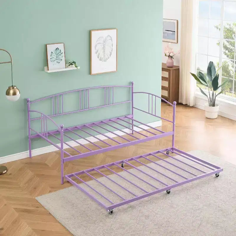 Lit de jour double en métal avec lit gigogne escamotable – Canapé-lit