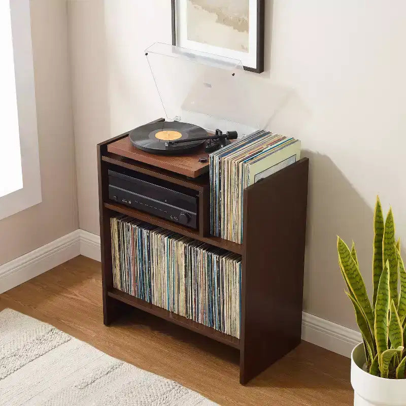 Meuble tourne-disque de 71 cm avec 4 étagères et rangement vinyle compartimenté