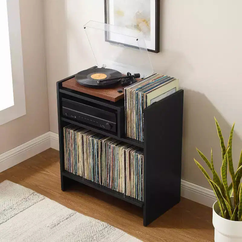 Meuble tourne-disque de 71 cm avec 4 étagères et rangement vinyle compartimenté