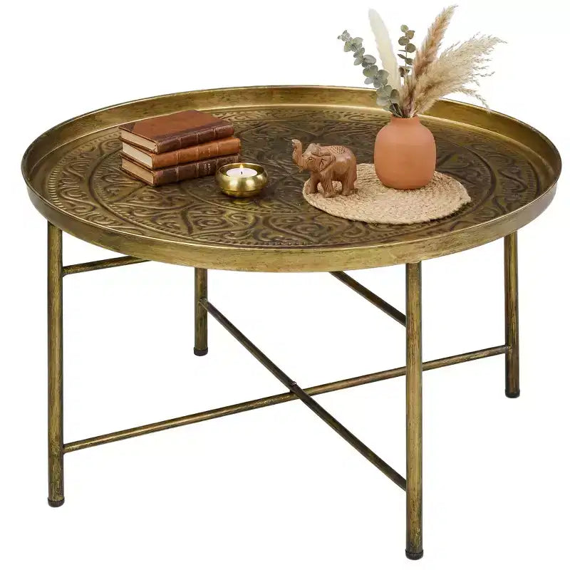 Table basse ronde vintage en métal 24" avec plateau martelé