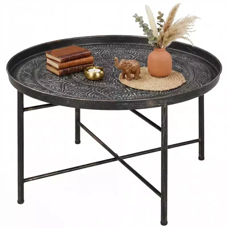 Table basse ronde vintage en métal 24" avec plateau martelé
