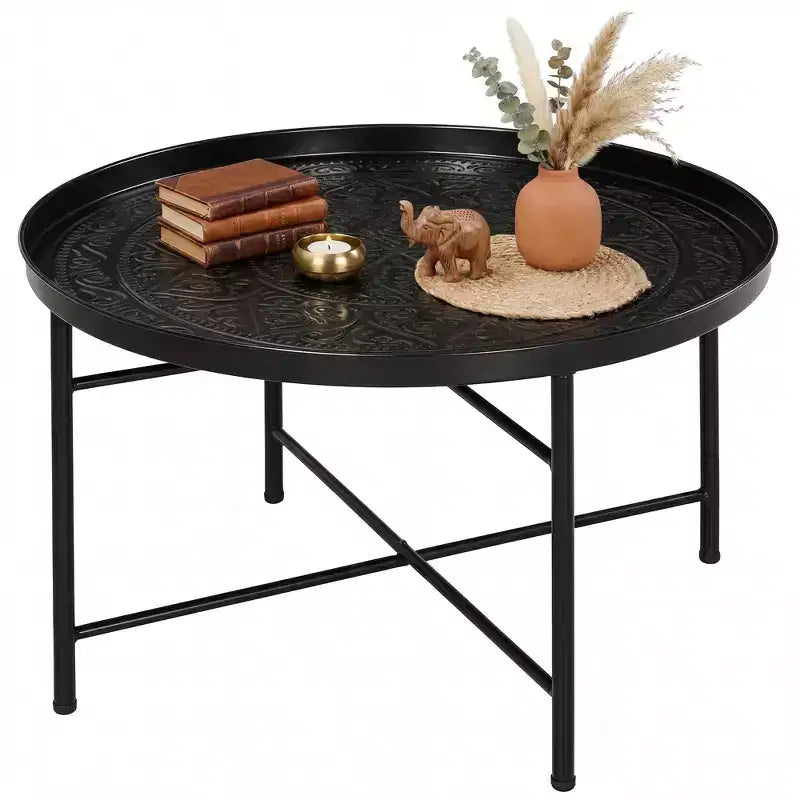 Table basse ronde vintage en métal 24" avec plateau martelé