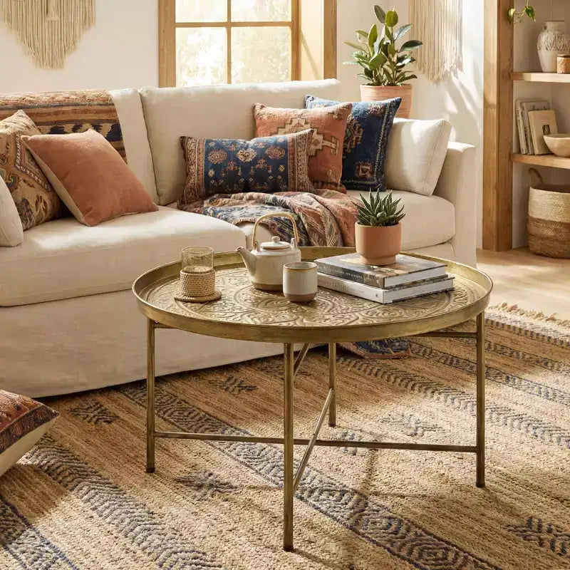 Table basse ronde vintage en métal 24" avec plateau martelé