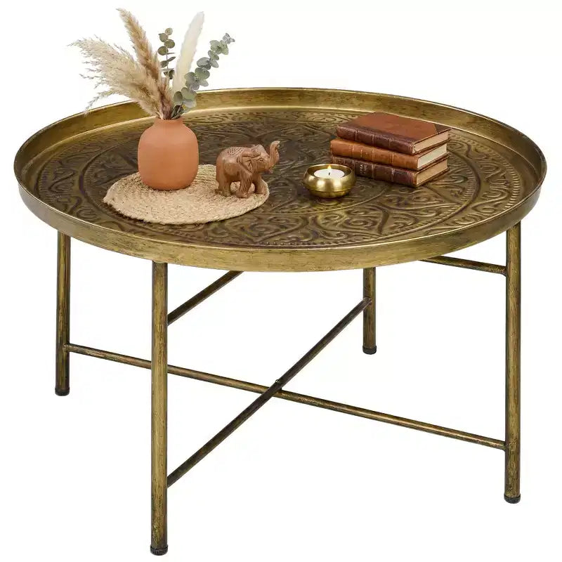 Table basse ronde vintage en métal 24" avec plateau martelé