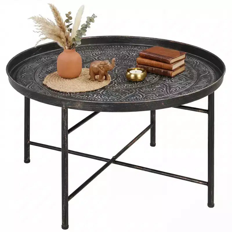 Table basse ronde vintage en métal 24" avec plateau martelé