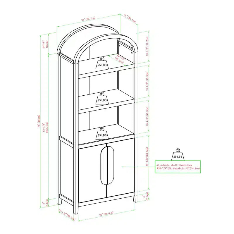 Bibliothèque cintrée de 193 cm avec 3 étagères et 2 portes