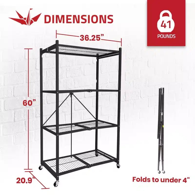 Étagère de Rangement Pliable en Métal à 4 Niveaux avec Roues, Capacité de 450 kg – Noir (Reconditionné certifié)