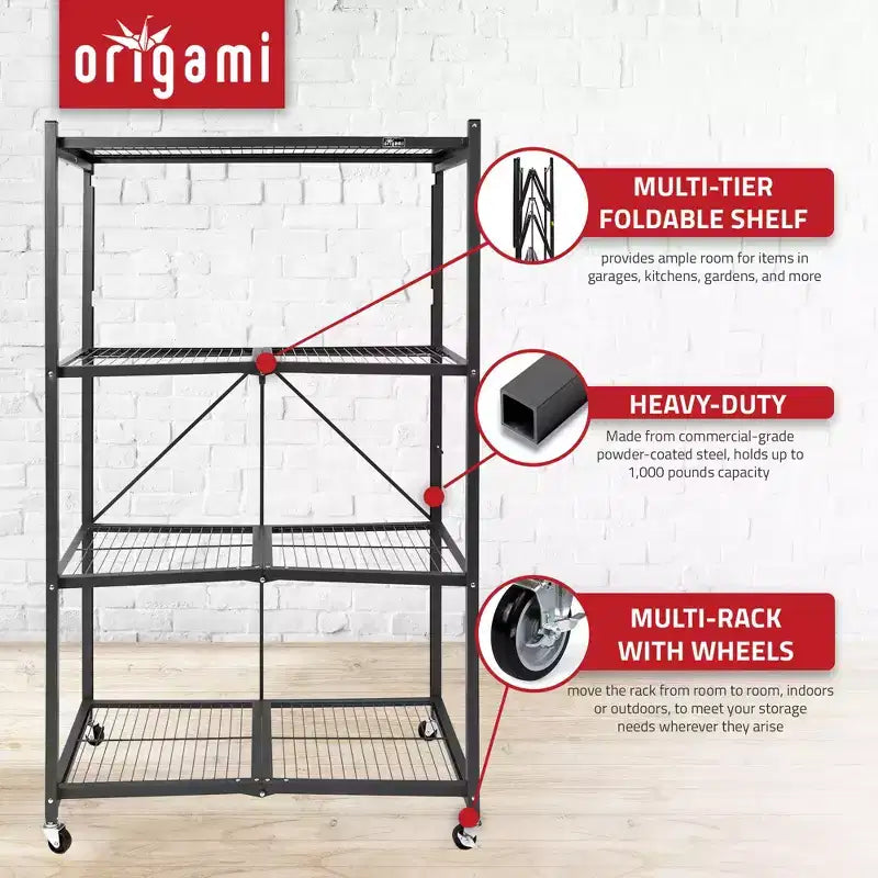 Étagère de Rangement Pliable en Métal à 4 Niveaux avec Roues, Capacité de 450 kg – Noir (Reconditionné certifié)