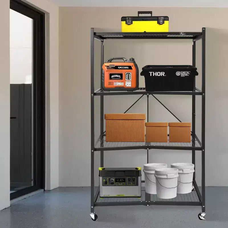 Étagère de Rangement Pliable en Métal à 4 Niveaux avec Roues, Capacité de 450 kg – Noir (Reconditionné certifié)