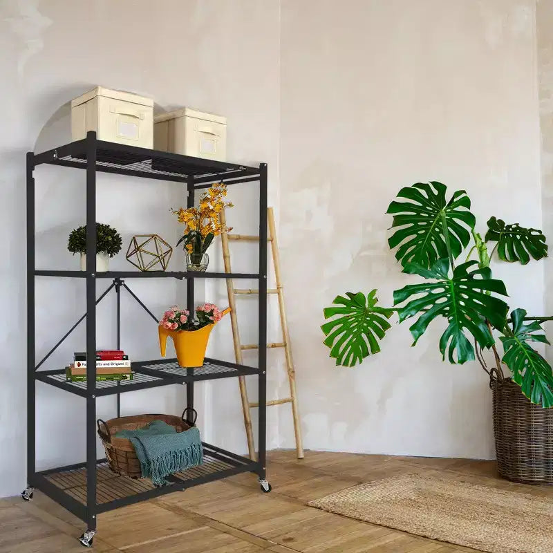 Étagère de Rangement Pliable en Métal à 4 Niveaux avec Roues, Capacité de 450 kg – Noir (Reconditionné certifié)