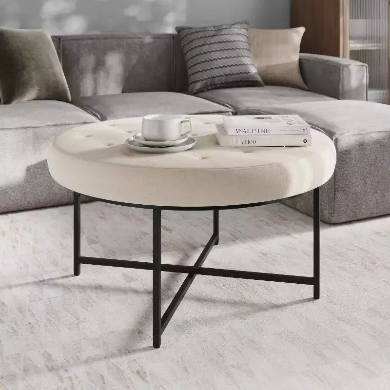 Pouf capitonné rond de 86 cm en coton et lin avec structure robuste en fer