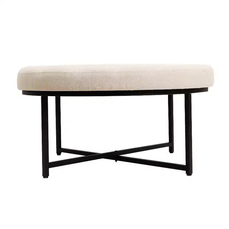 Pouf capitonné rond de 86 cm en coton et lin avec structure robuste en fer