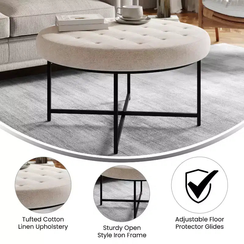 Pouf capitonné rond de 86 cm en coton et lin avec structure robuste en fer