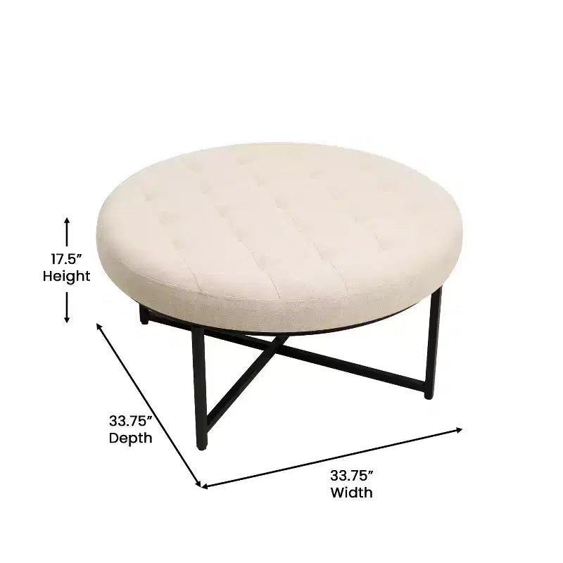 Pouf capitonné rond de 86 cm en coton et lin avec structure robuste en fer