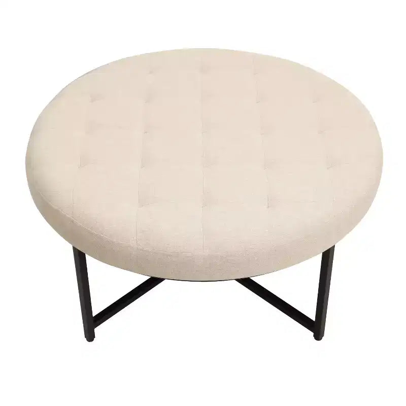Pouf capitonné rond de 86 cm en coton et lin avec structure robuste en fer