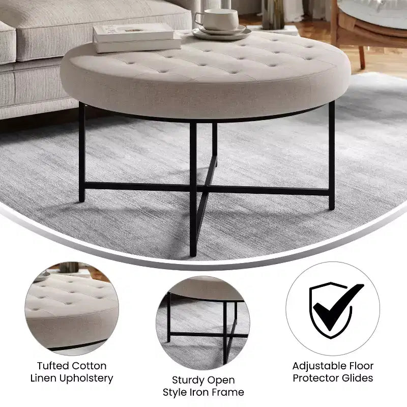 Pouf capitonné rond de 86 cm en coton et lin avec structure robuste en fer