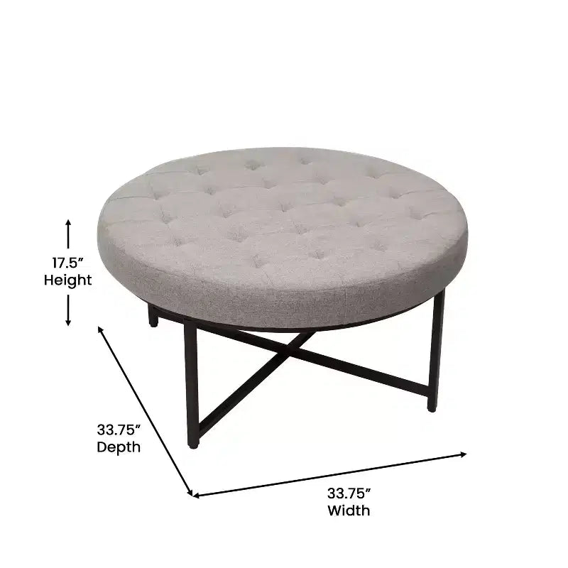 Pouf capitonné rond de 86 cm en coton et lin avec structure robuste en fer