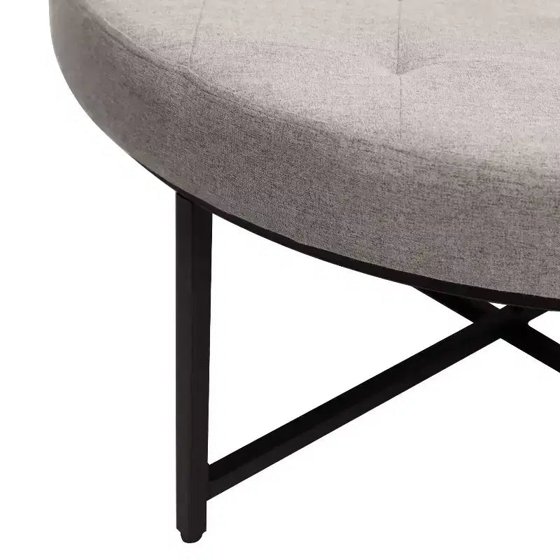 Pouf capitonné rond de 86 cm en coton et lin avec structure robuste en fer