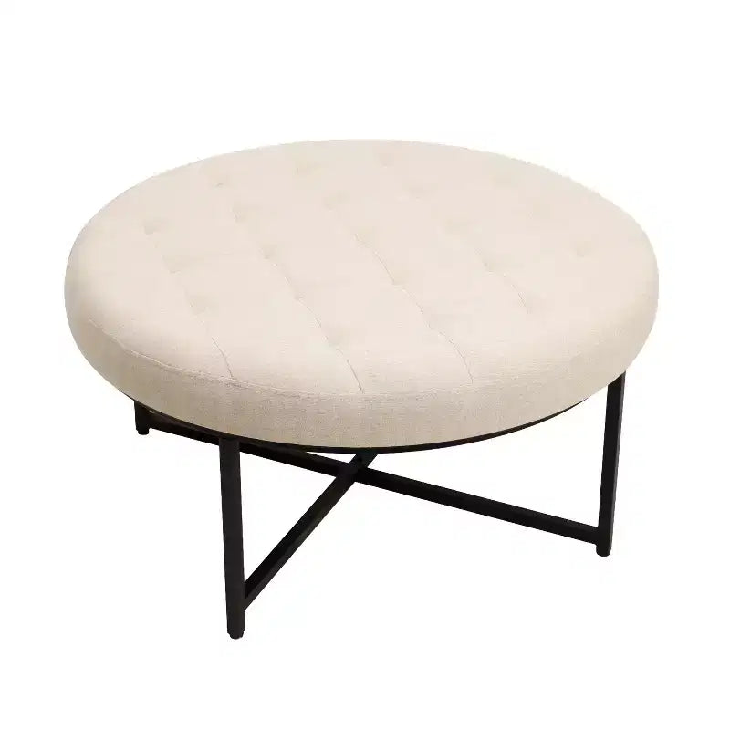 Pouf capitonné rond de 86 cm en coton et lin avec structure robuste en fer