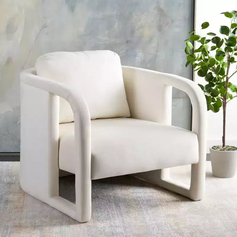 Fauteuil d'appoint en velours avec cadre et pieds en bois – Crème