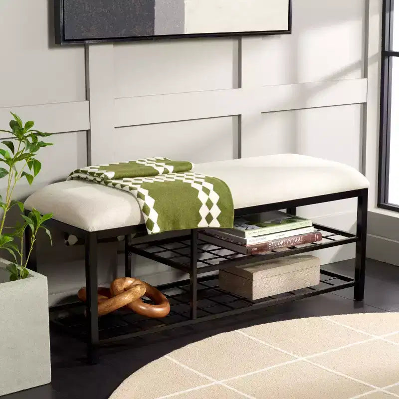 Banc d'entrée avec coussin et étagère ouverte – Structure en fer et MDF