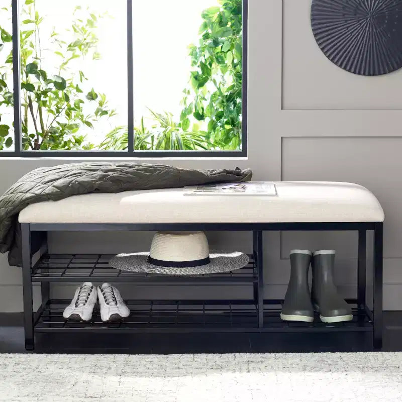 Banc d'entrée avec coussin et étagère ouverte – Structure en fer et MDF