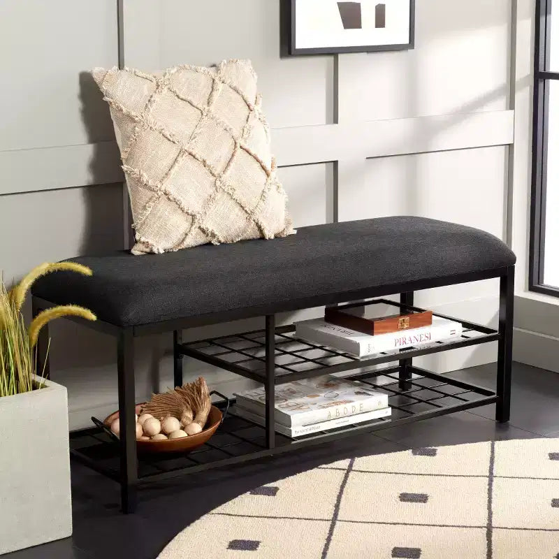 Banc d'entrée avec coussin et étagère ouverte – Structure en fer et MDF
