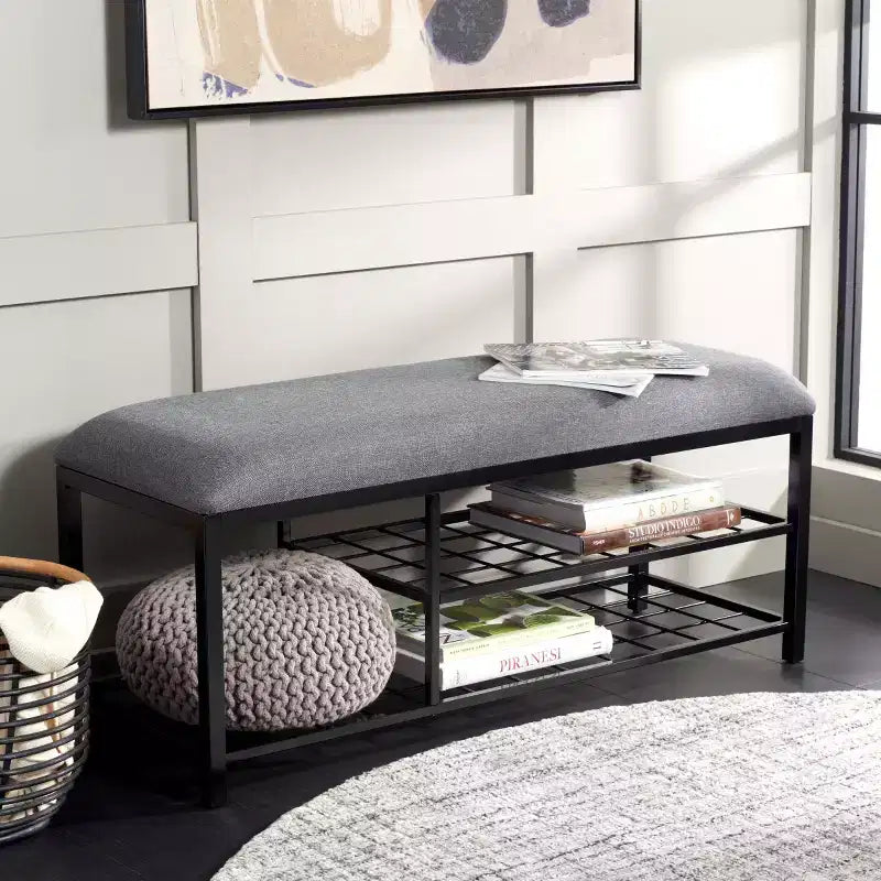 Banc d'entrée avec coussin et étagère ouverte – Structure en fer et MDF