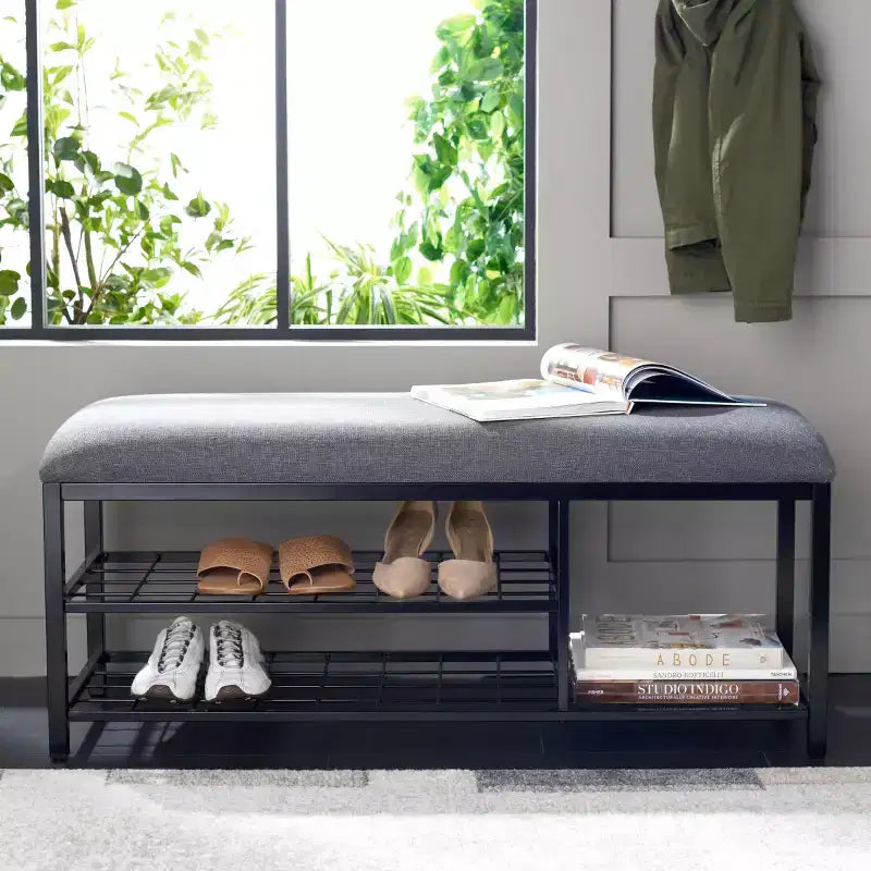 Banc d'entrée avec coussin et étagère ouverte – Structure en fer et MDF