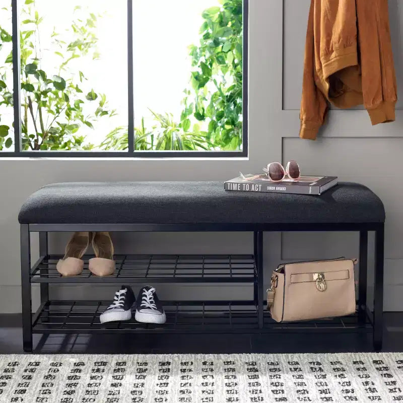 Banc d'entrée avec coussin et étagère ouverte – Structure en fer et MDF