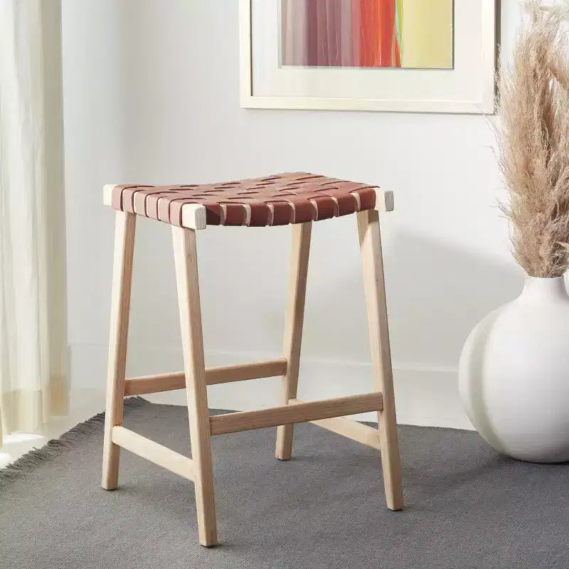 Tabouret de comptoir rectangulaire avec assise en cuir tressé et cadre en bois