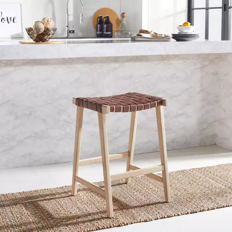 Tabouret de comptoir rectangulaire avec assise en cuir tressé et cadre en bois