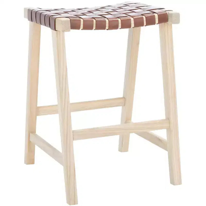 Tabouret de comptoir rectangulaire avec assise en cuir tressé et cadre en bois